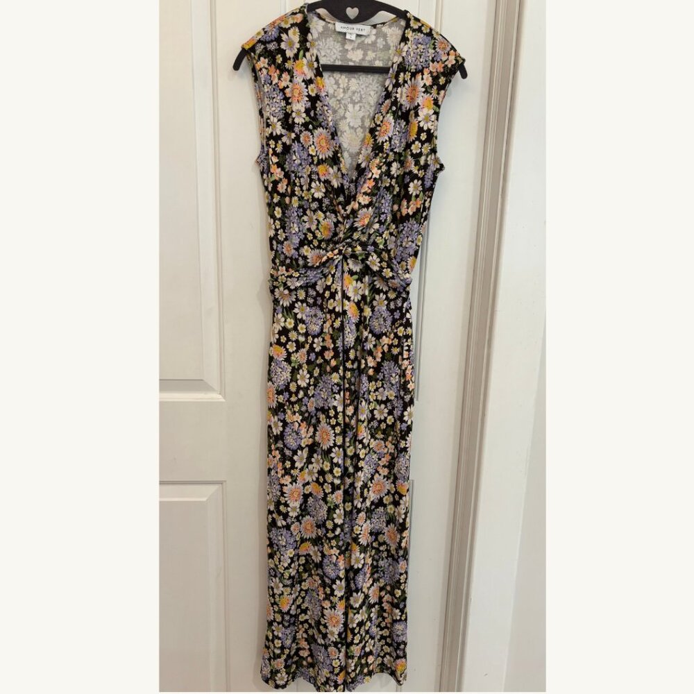 Amour Vert Black Floral Maxi Dress with Purple and Yellow Flowers